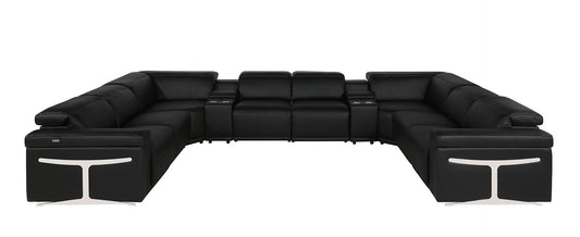 Black Italian Leather Power Reclining U Shaped Ten Piece Corner Sectional With Console-0