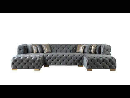 Tufted Gray Velvet Modular U Shaped Sofa and Chaise Sectional With Toss Pillows-4