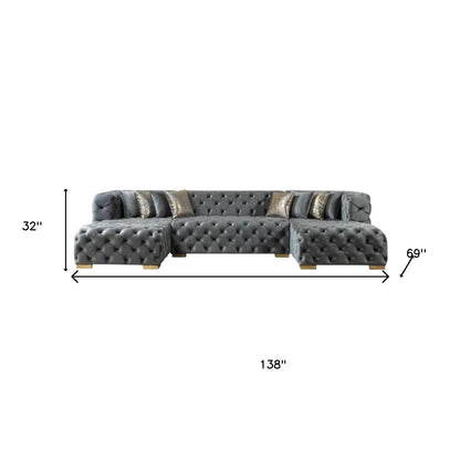 Tufted Gray Velvet Modular U Shaped Sofa and Chaise Sectional With Toss Pillows-5