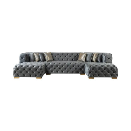 Tufted Gray Velvet Modular U Shaped Sofa and Chaise Sectional With Toss Pillows-0