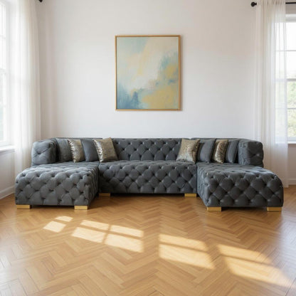 Tufted Gray Velvet Modular U Shaped Sofa and Chaise Sectional With Toss Pillows-1