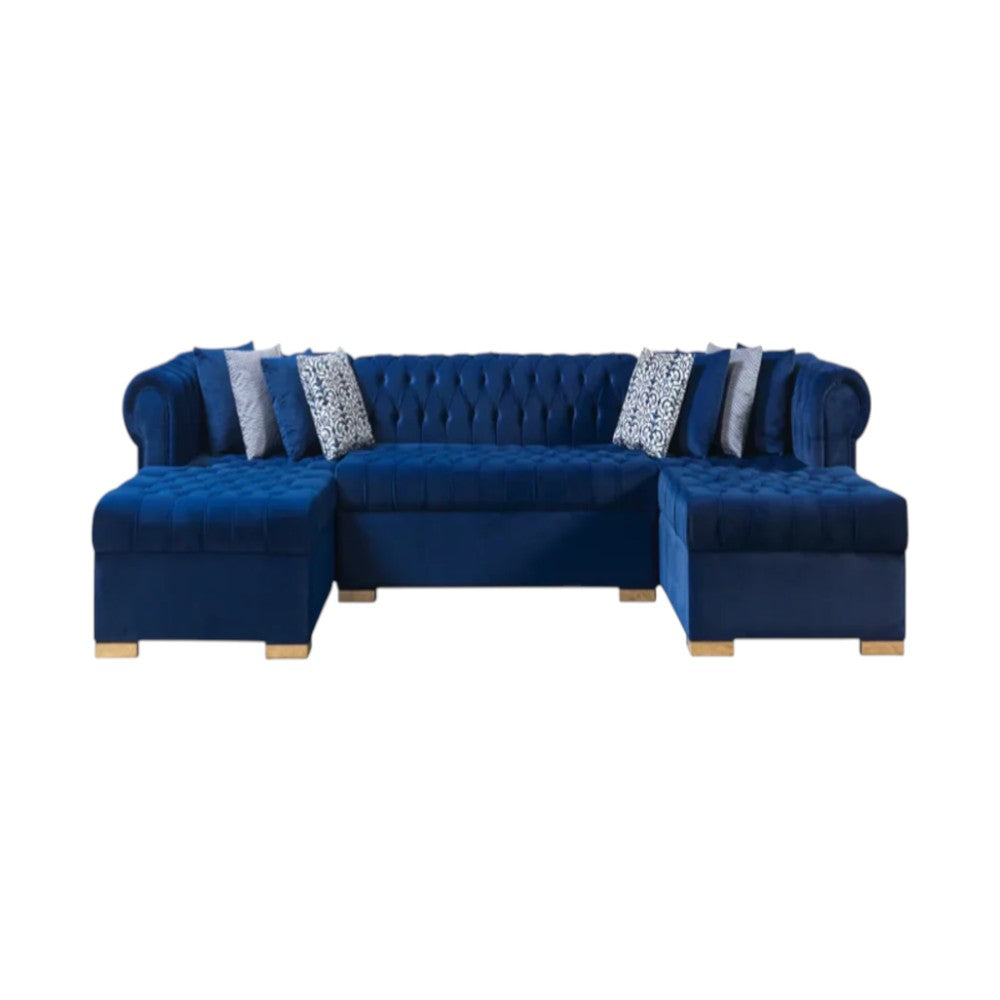 Blue Velvet U Shaped Three Piece Sofa and Chaise Sectional With Toss Pillows-1