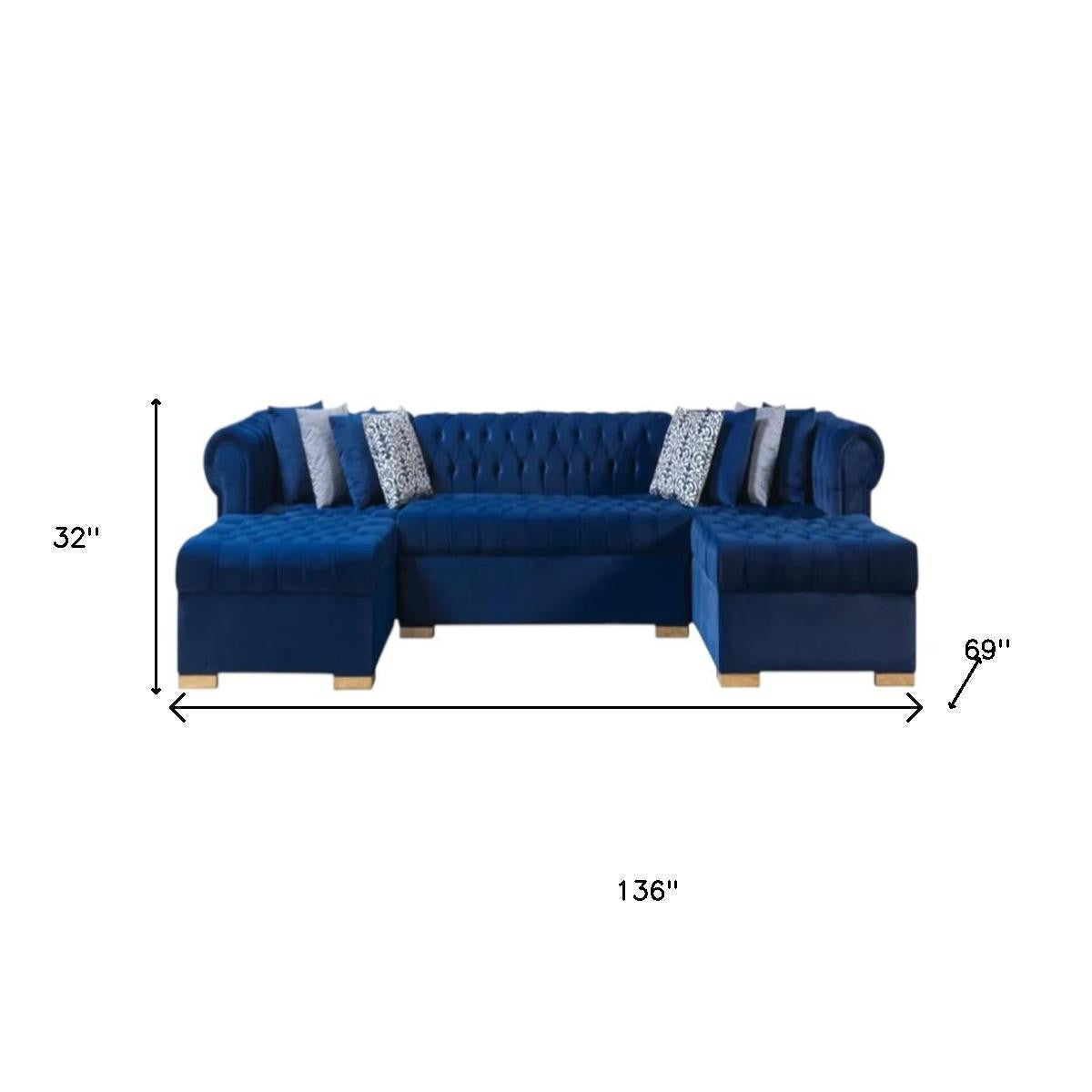 Blue Velvet U Shaped Three Piece Sofa and Chaise Sectional With Toss Pillows-7
