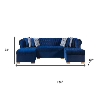 Blue Velvet U Shaped Three Piece Sofa and Chaise Sectional With Toss Pillows-7