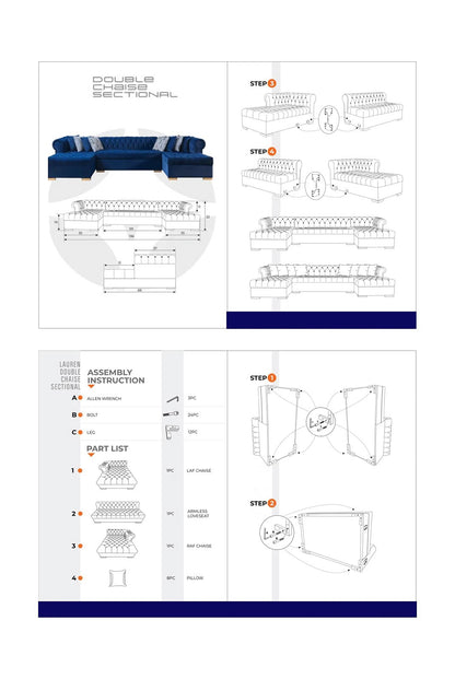 Blue Velvet U Shaped Three Piece Sofa and Chaise Sectional With Toss Pillows-3