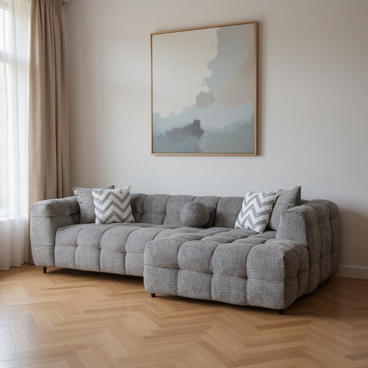 Light Gray Boucle L Shaped Two Piece Sofa and Chaise Sectional With Toss Pillows-0