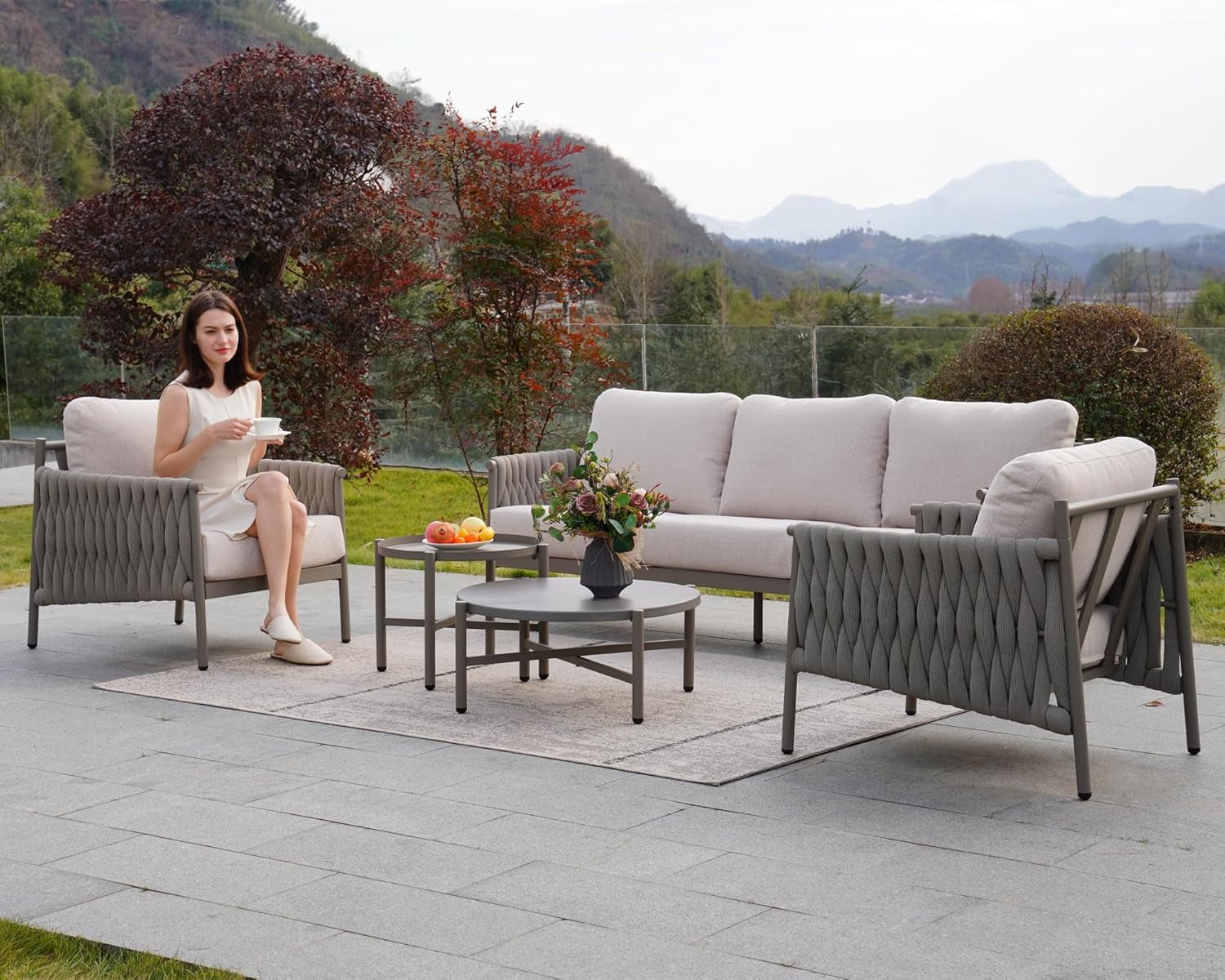 Modern 5-Piece Outdoor Sofa Set with Waterproof Cushions-0
