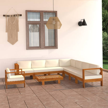 vidaXL 9 Piece Patio Lounge Set with Cream White Cushions Acacia Wood-2