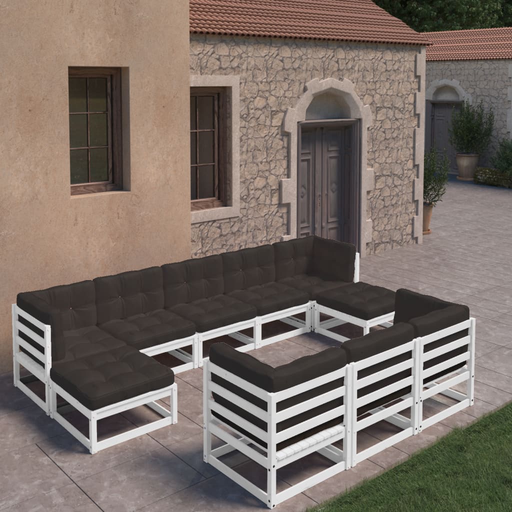 vidaXL 10 Piece Patio Lounge Set with Cushions White Solid Wood Pine-5