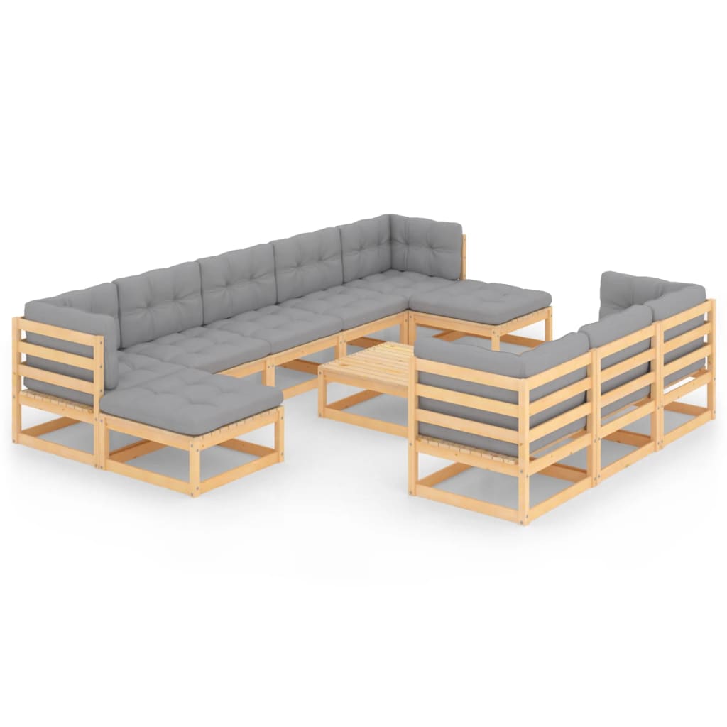 vidaXL 11 Piece Patio Lounge Set with Cushions Solid Wood Pine-0