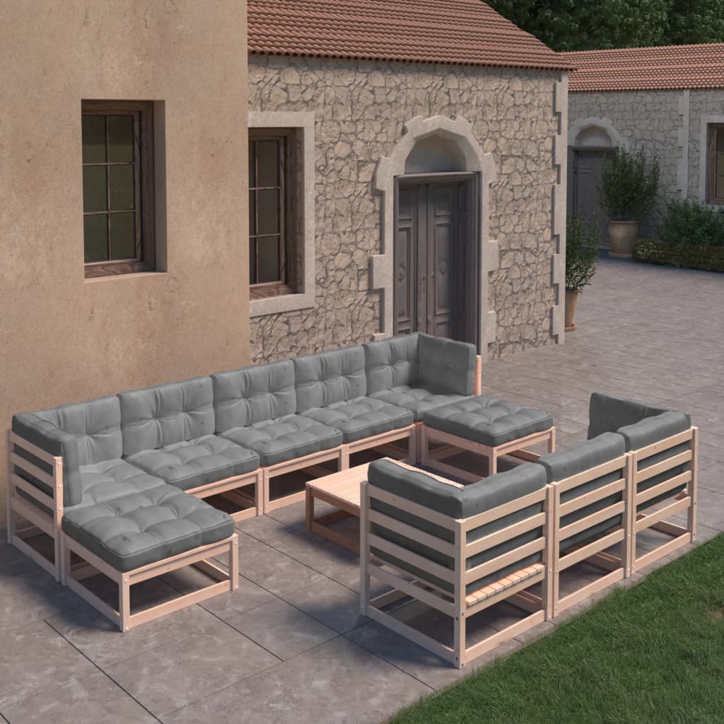 vidaXL 11 Piece Patio Lounge Set with Cushions Solid Wood Pine-2