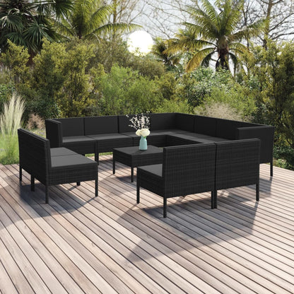 vidaXL 12 Piece Patio Lounge Set with Cushions Poly Rattan Black-0