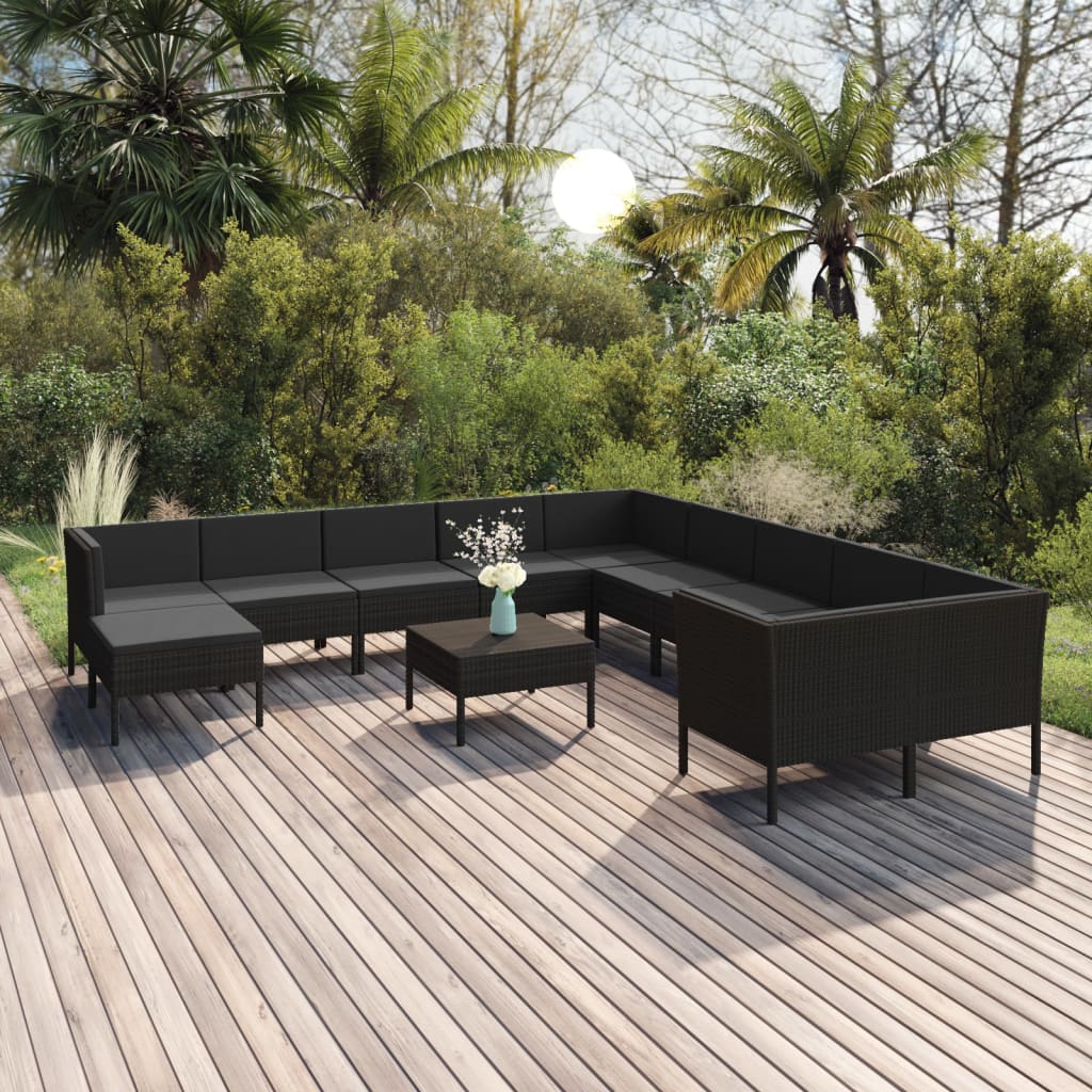 vidaXL 12 Piece Patio Lounge Set with Cushions Poly Rattan Black-0