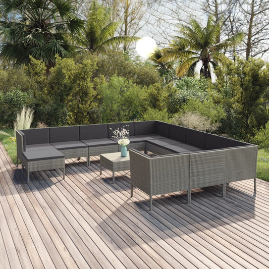 vidaXL 13 Piece Patio Lounge Set with Cushions Poly Rattan Gray-0