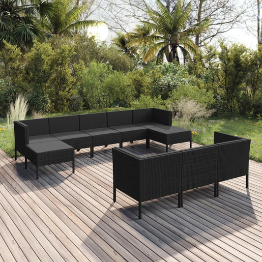 vidaXL 10 Piece Patio Lounge Set with Cushions Poly Rattan Black-0
