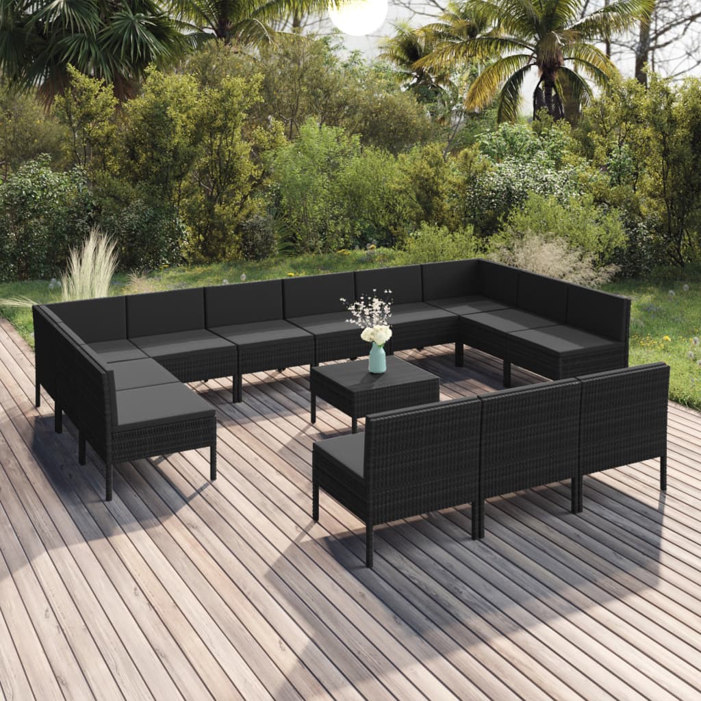 vidaXL 14 Piece Patio Lounge Set with Cushions Poly Rattan Black-0