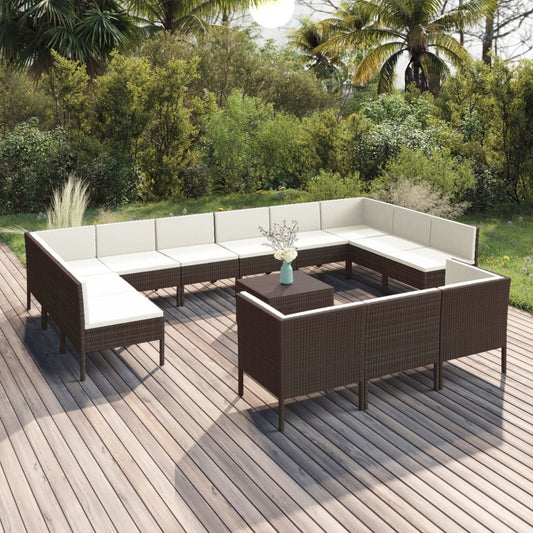 14-piece outdoor lounge set in gray poly rattan.

