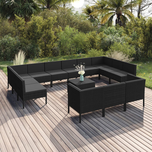 vidaXL 14 Piece Patio Lounge Set with Cushions Poly Rattan Black-0