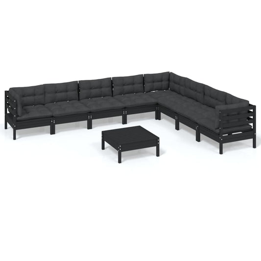 vidaXL 9 Piece Patio Lounge Set with Cushions Black Solid Pinewood-0