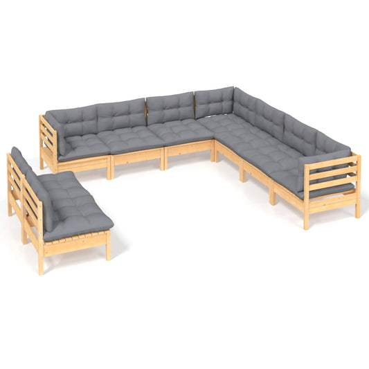 9-piece outdoor lounge set made from solid pine wood with grey cushions.

