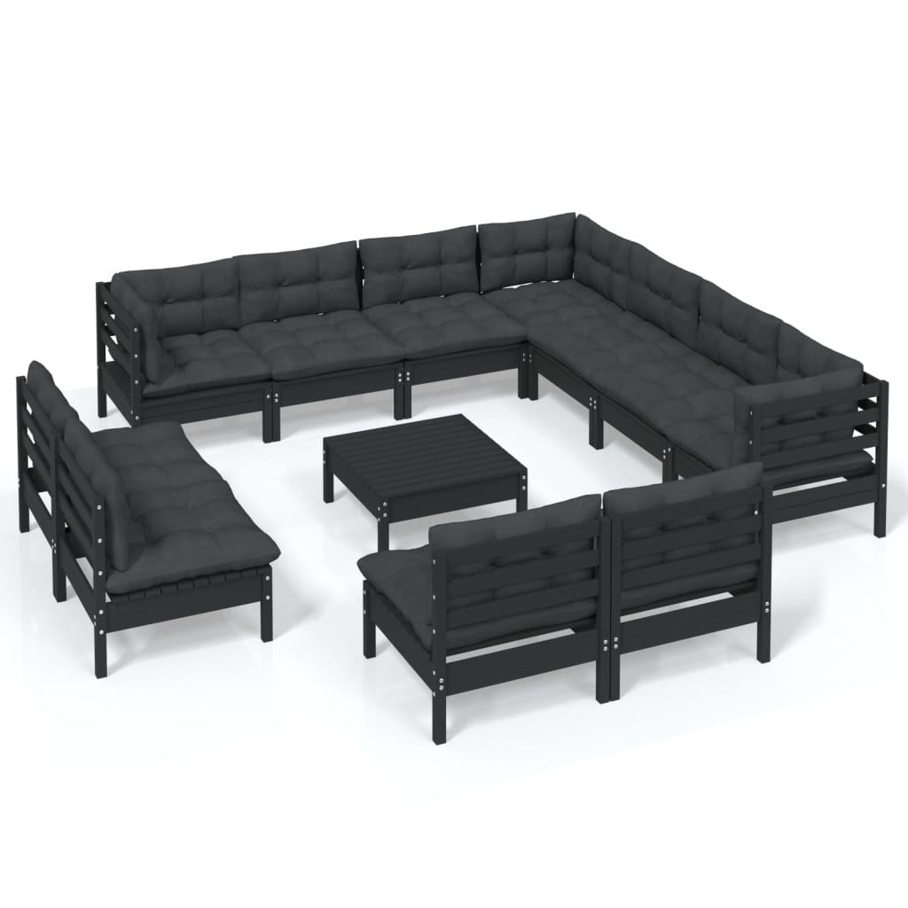 vidaXL 12 Piece Patio Lounge Set with Cushions Black Solid Pinewood-0