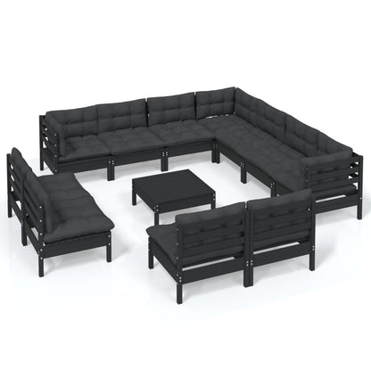 vidaXL 12 Piece Patio Lounge Set with Cushions Black Solid Pinewood-0