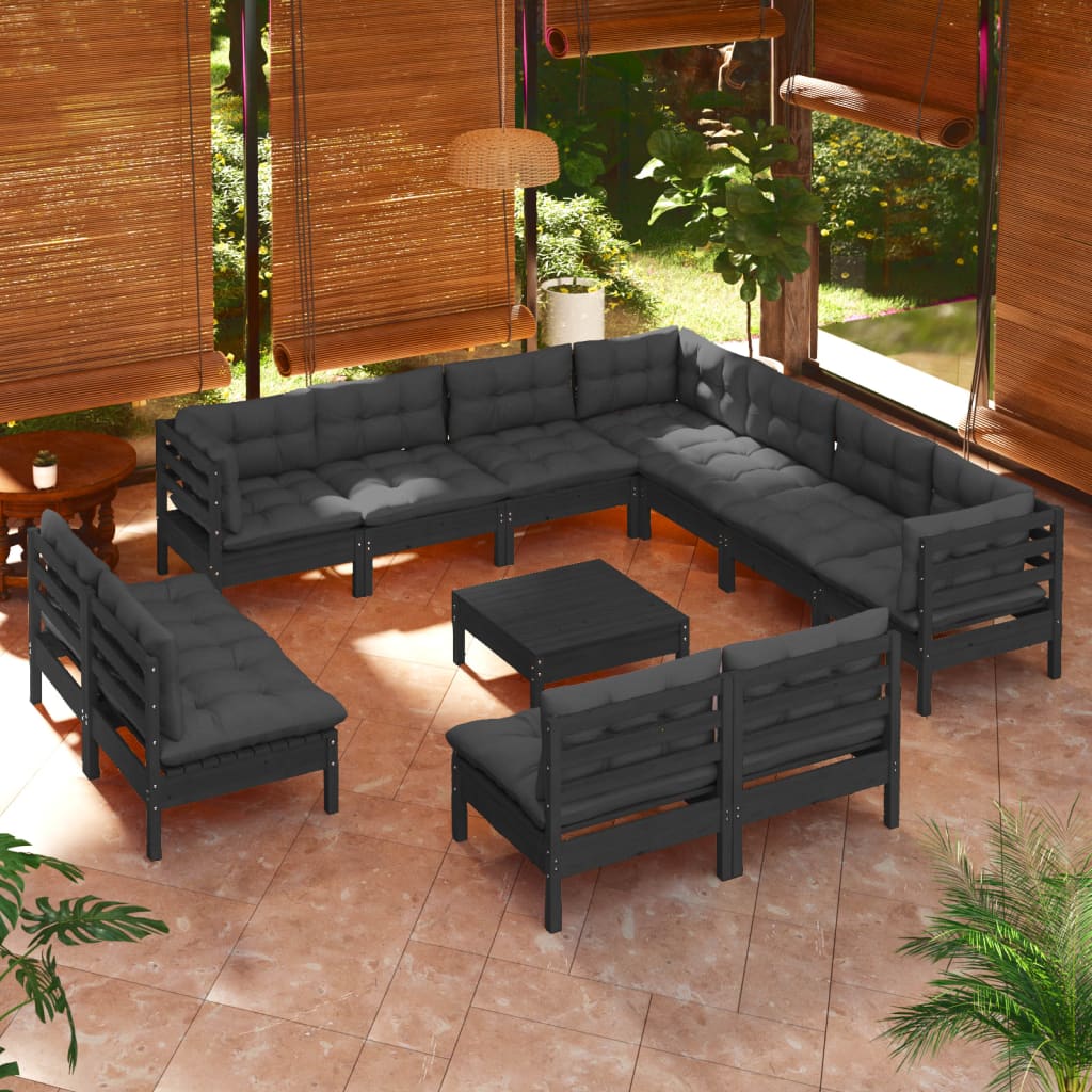 vidaXL 12 Piece Patio Lounge Set with Cushions Black Solid Pinewood-5