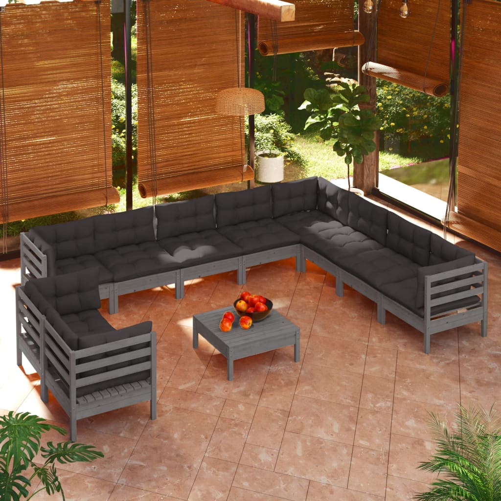 vidaXL Solid Pinewood Patio Lounge Set 11 Piece with Cushions Multi Colors-7