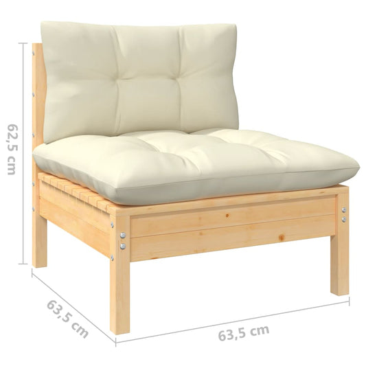Piece outdoor furniture set made from solid pine wood with cream cushions.

