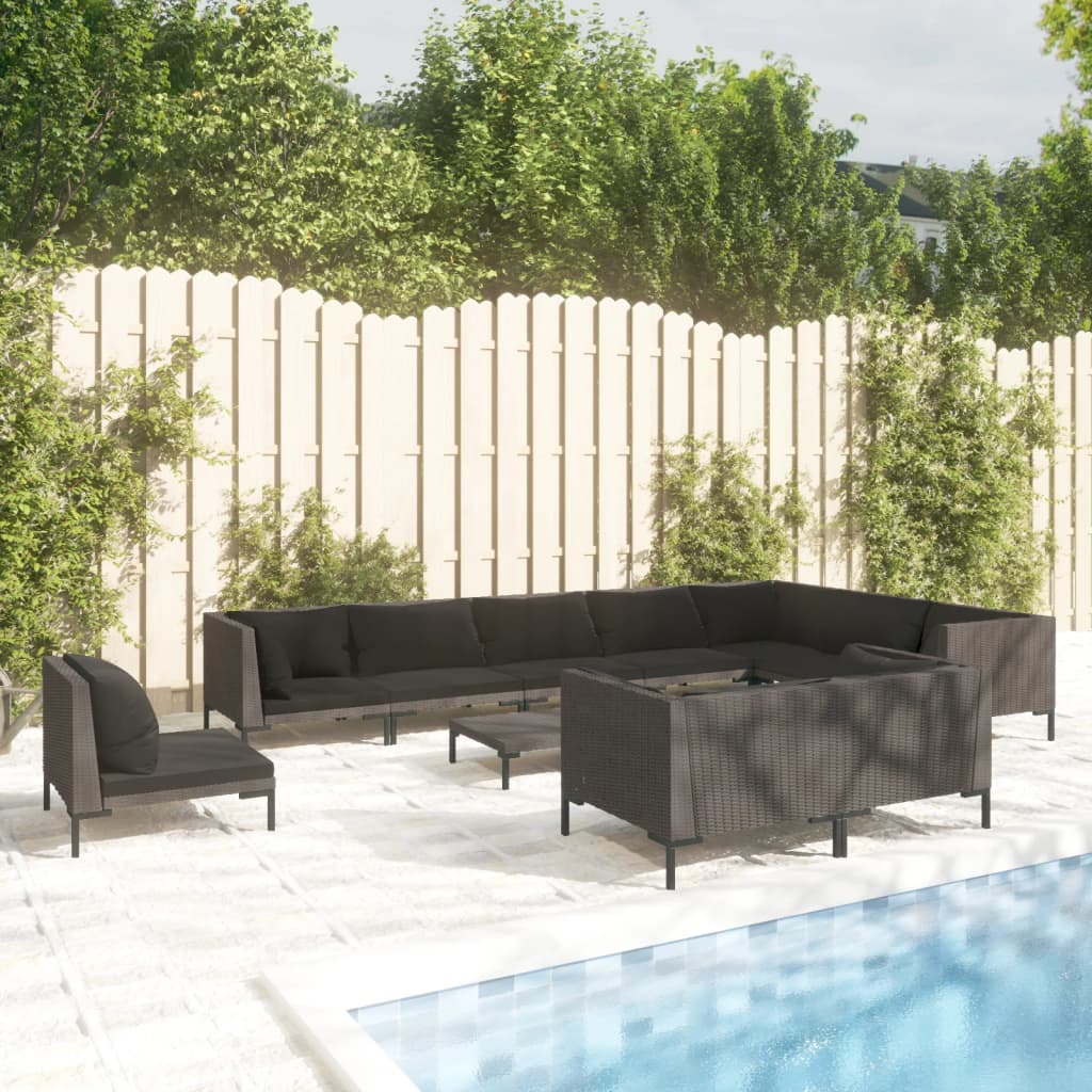 vidaXL 11 Piece Patio Lounge Set with Cushions Poly Rattan Dark Gray-0