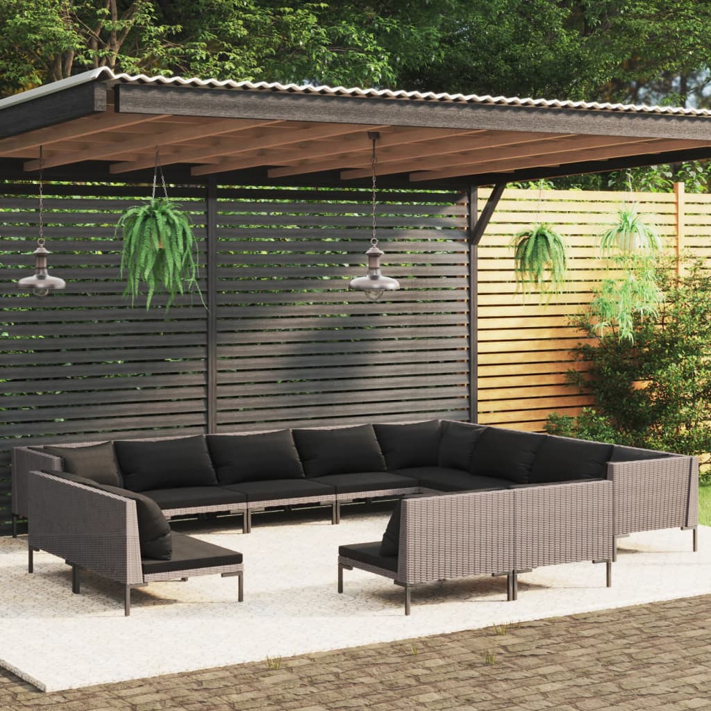 vidaXL 12 Piece Patio Lounge Set with Cushions Poly Rattan Dark Gray-0
