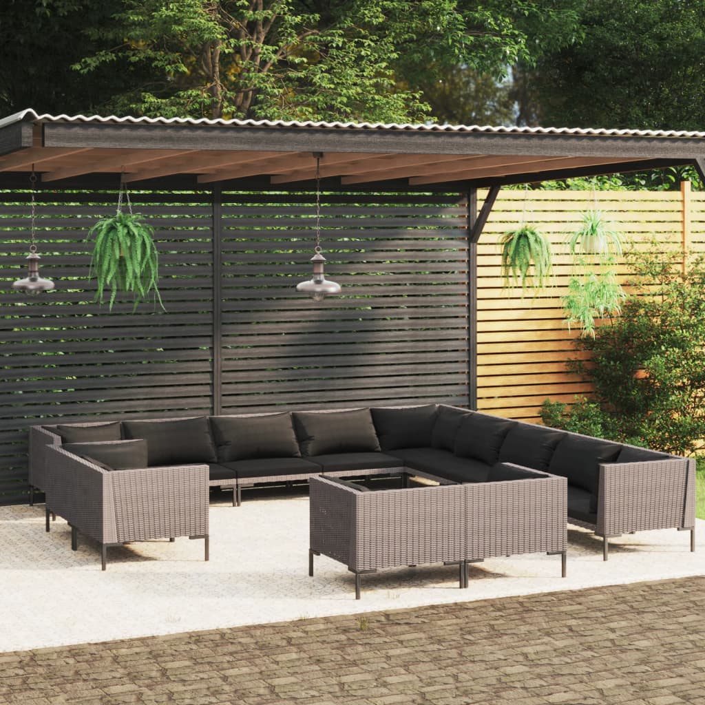 vidaXL 13 Piece Patio Lounge Set with Cushions Poly Rattan Dark Gray-0