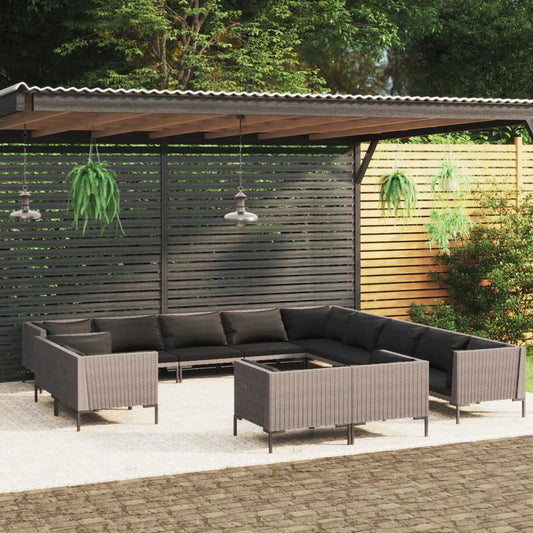 vidaXL 13 Piece Patio Lounge Set with Cushions Poly Rattan Dark Gray-0