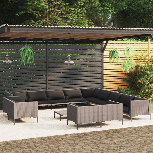 14-piece black aluminum outdoor sofa set with rattan weave and gray cushions arranged in a modern garden patio.
