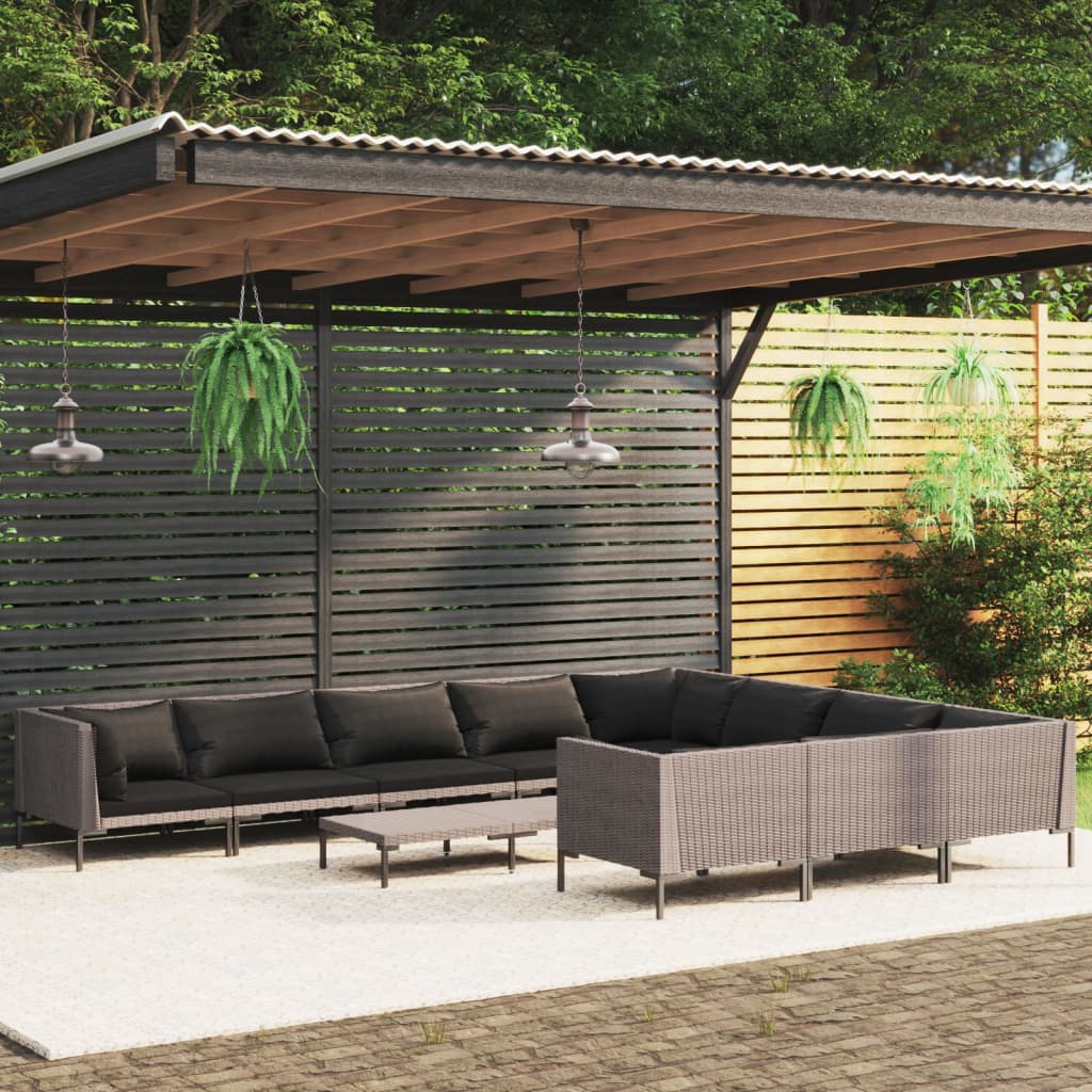 vidaXL 11 Piece Patio Lounge Set with Cushions Poly Rattan Dark Gray-0