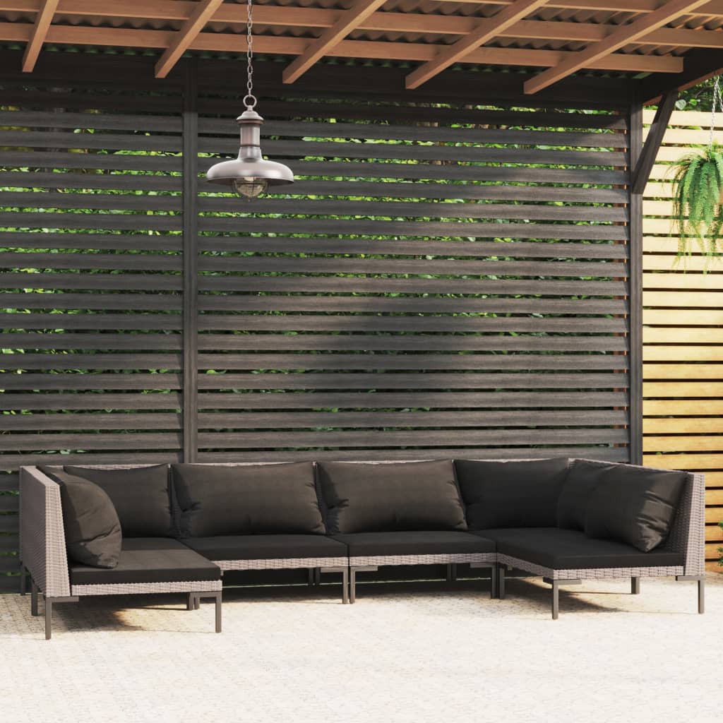 vidaXL 6 Piece Patio Lounge Set with Cushions Poly Rattan Dark Gray-0