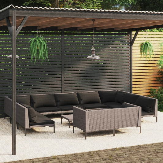 vidaXL 12 Piece Patio Lounge Set with Cushions Poly Rattan Dark Gray-0
