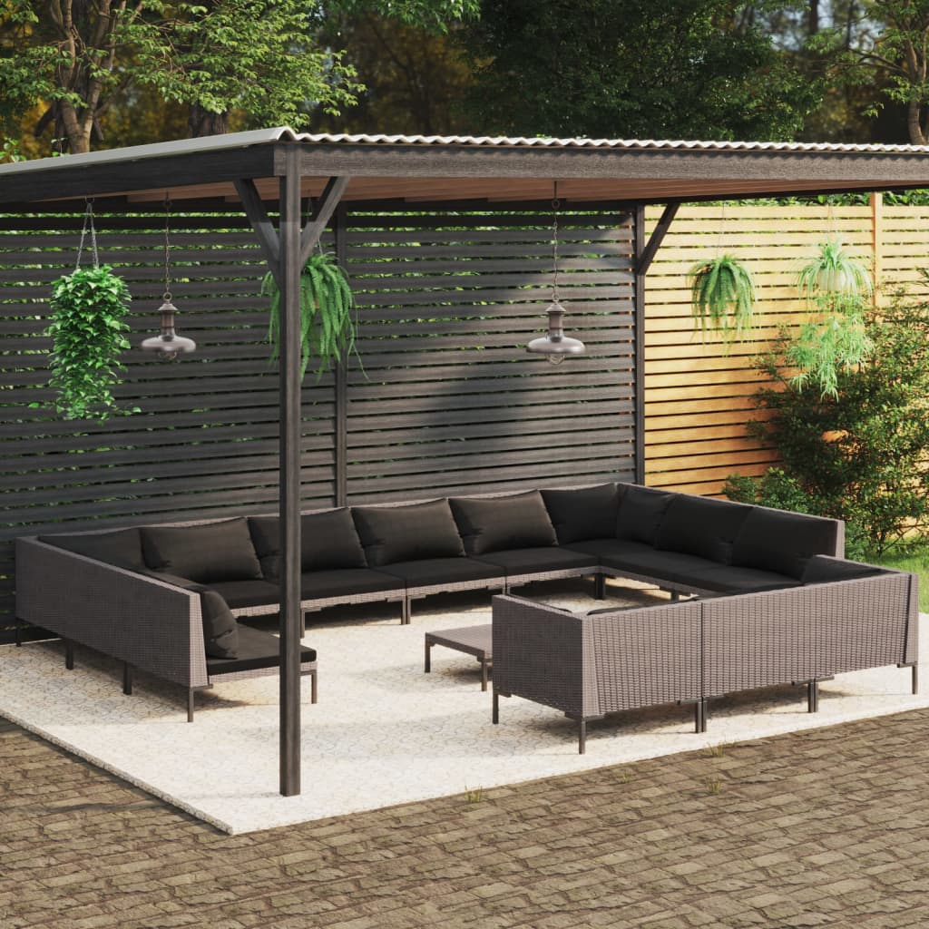 vidaXL 14 Piece Patio Lounge Set with Cushions Poly Rattan Dark Gray-0