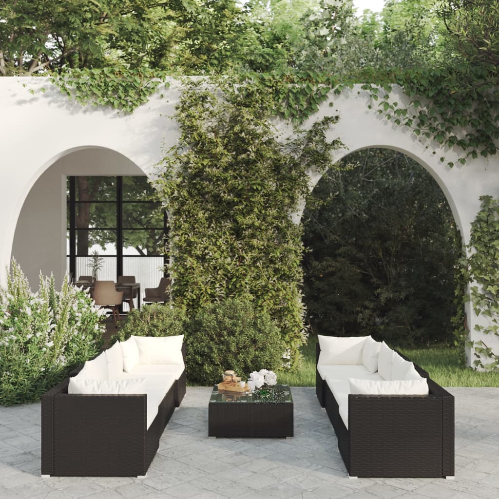 vidaXL 9 Piece Patio Lounge Set with Cushions Poly Rattan Black-0