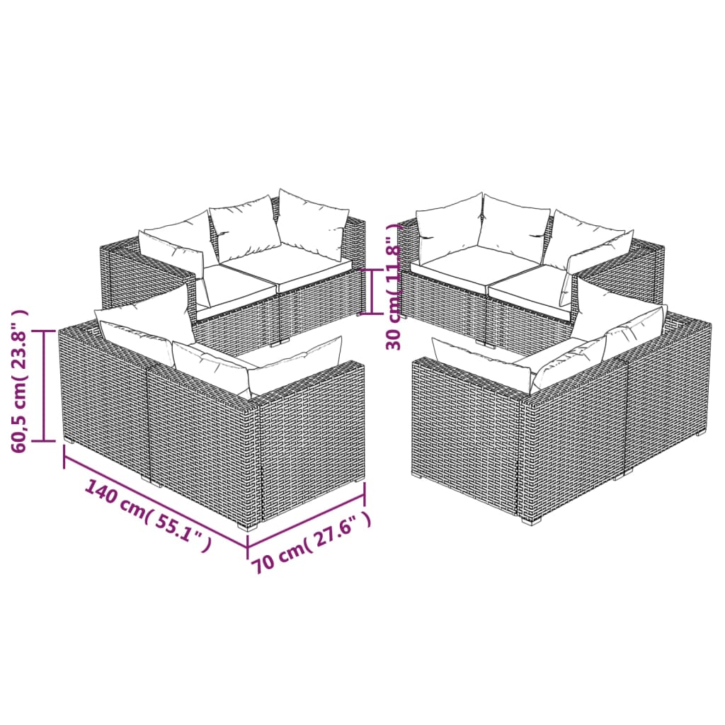 vidaXL 8 Piece Patio Lounge Set with Cushions Poly Rattan Gray-4