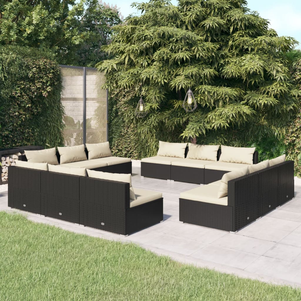 vidaXL 12 Piece Patio Lounge Set with Cushions Poly Rattan Black-0