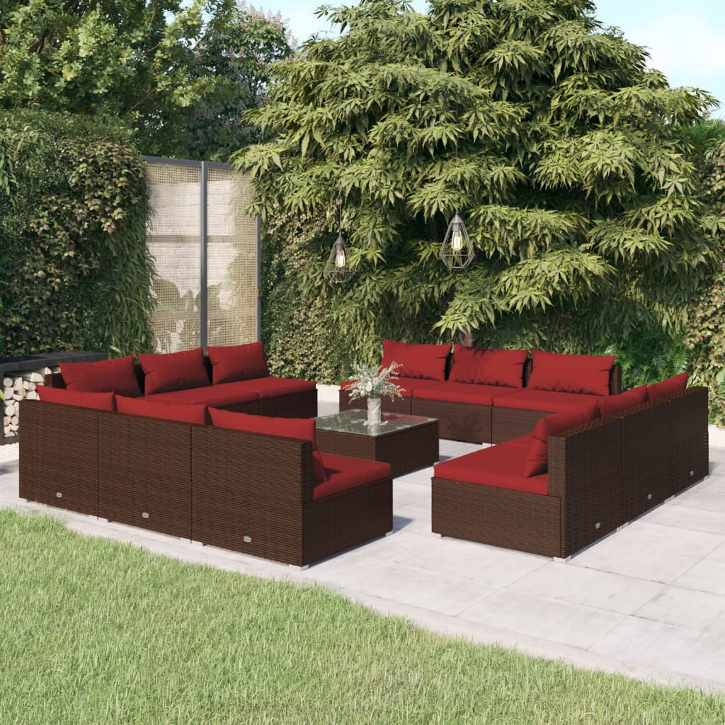 vidaXL 13 Piece Patio Lounge Set with Cushions Poly Rattan Brown-0