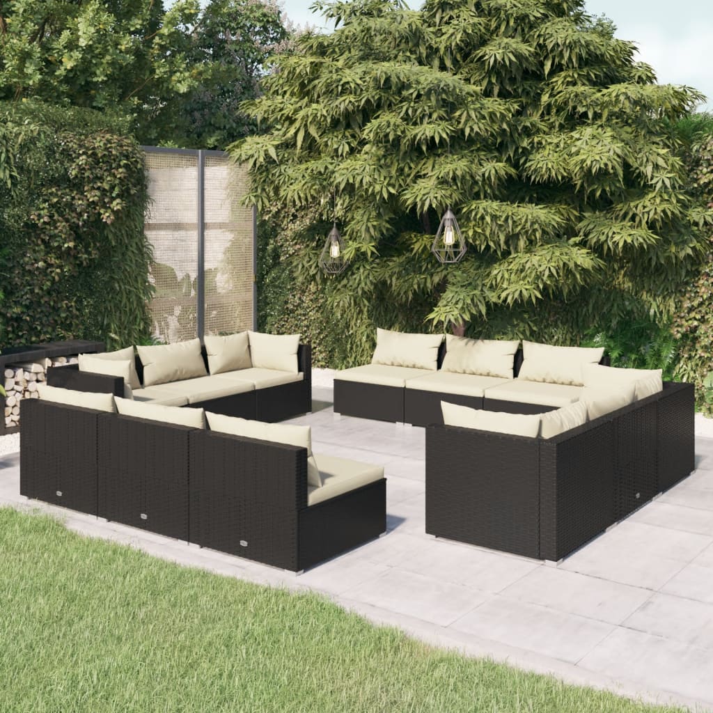vidaXL 12 Piece Patio Lounge Set with Cushions Poly Rattan Black-0