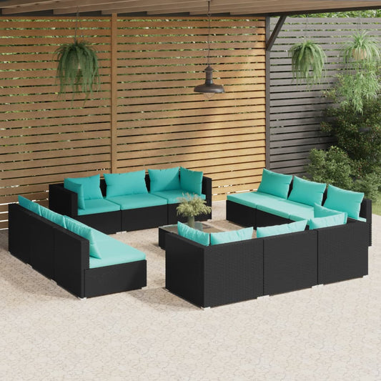 vidaXL 13 Piece Patio Lounge Set with Cushions Poly Rattan Black-0