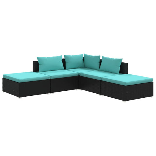 vidaXL 5 Piece Patio Lounge Set with Cushions Poly Rattan Black-0