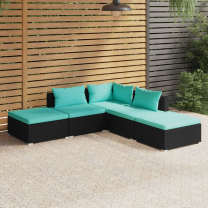 vidaXL 5 Piece Patio Lounge Set with Cushions Poly Rattan Black-1