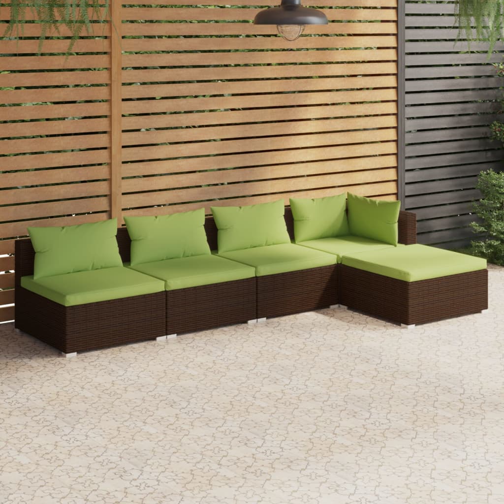 vidaXL 5 Piece Patio Lounge Set with Cushions Poly Rattan Brown-1