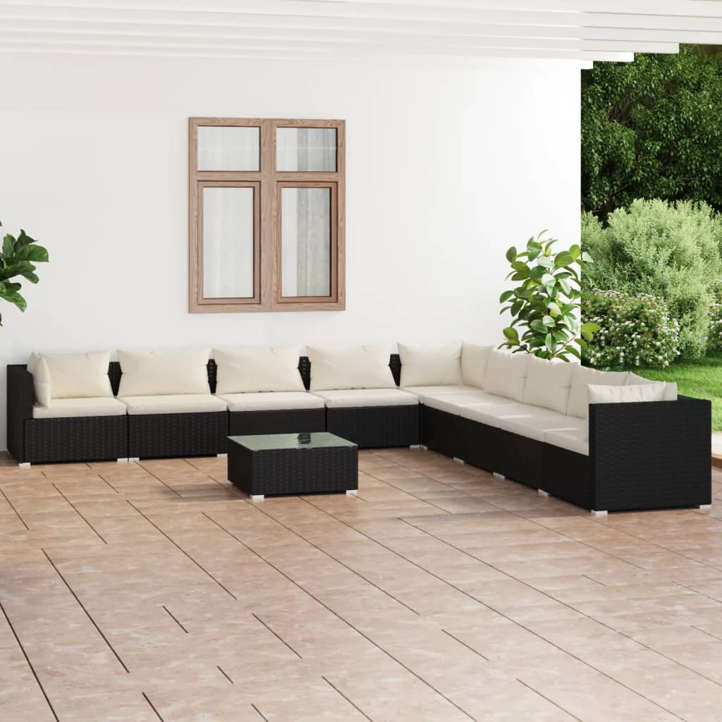 vidaXL 10 Piece Patio Lounge Set with Cushions Poly Rattan Black-0