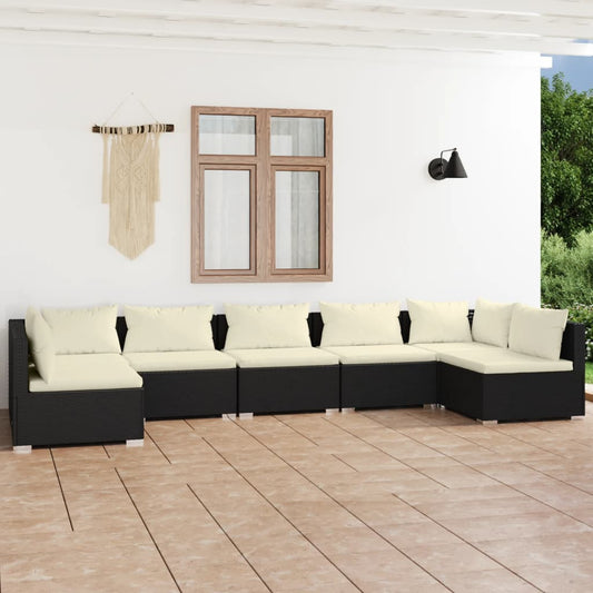 vidaXL 7 Piece Patio Lounge Set with Cushions Poly Rattan Black-0
