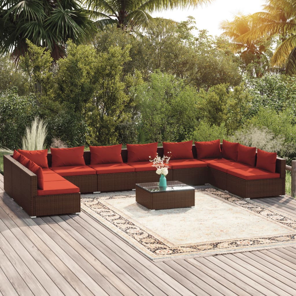 vidaXL 11 Piece Patio Lounge Set with Cushions Poly Rattan Brown-0